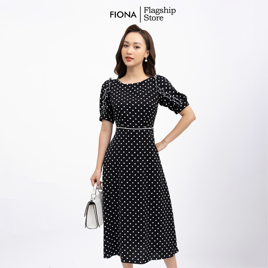Đầm nữ dáng xòe váy dài họa tiết chấm bi, đầm công sở thiết kế FIONA F452256