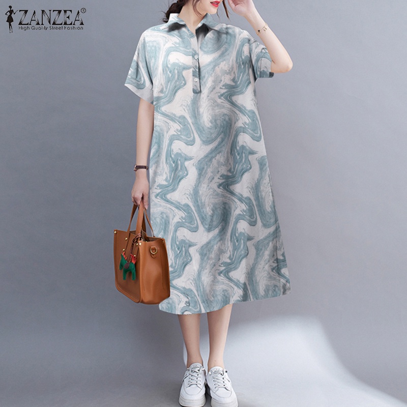 Đầm dài Zanzea tay ngắn cổ bẻ dáng rộng in họa tiết phong cách đáng yêu cho nữ