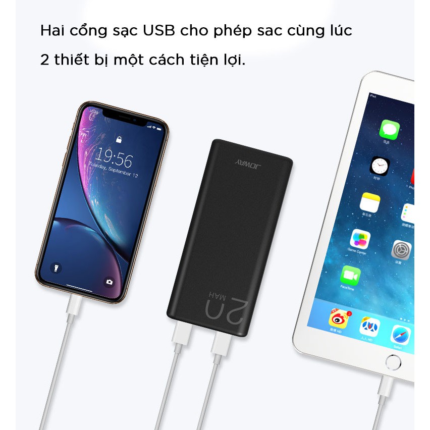 Pin sạc dự phòng 20.000mAh, hai cổng sạc 2.1A Joway JP192 cho các thiết bị iPhone, Android, máy tính bảng