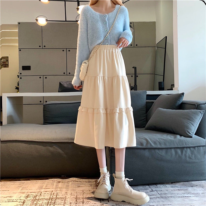 Chân Váy Tầng Dáng Chữ A Lưng Thun Co Giãn Thời Trang Thu Đông Phong Cách Hàn Quốc Cho Nữ