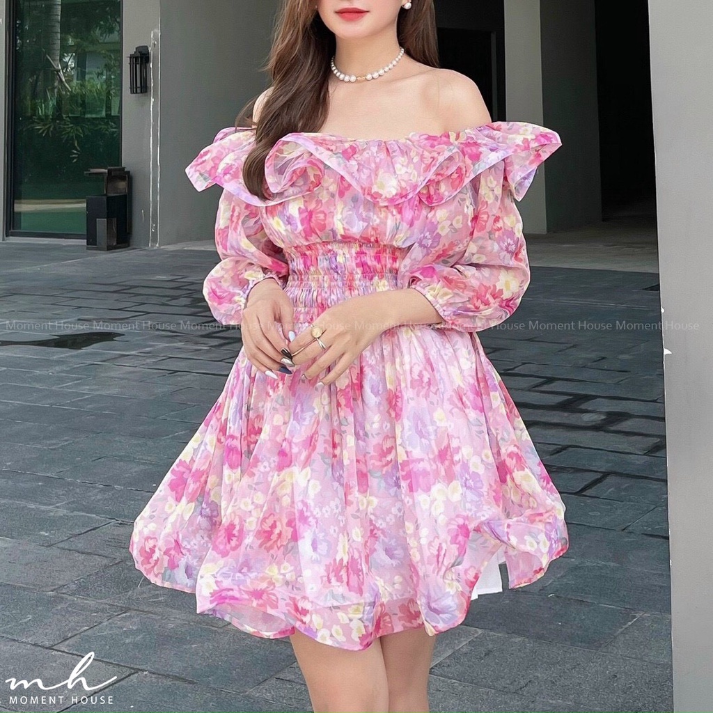 Đầm hoa xòe trễ vai , có tay , KIRA DRESS, may 2 lớp chuẩn xịn hàng thiết kế,form tùng xòe