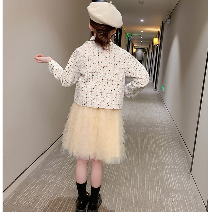 Váy thu đông bé gái chất dạ phối ren tầng xinh xắn tặng kèm áo khoác siêu đẹp size 14-32kg [SV07]