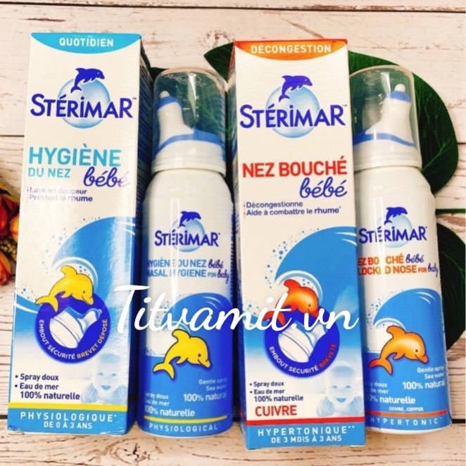 Xịt muối biển cá heo vàng và cá heo cam (100ml) vệ sinh  mũi cho bé 0-3 tuổi Sterimar, Pháp