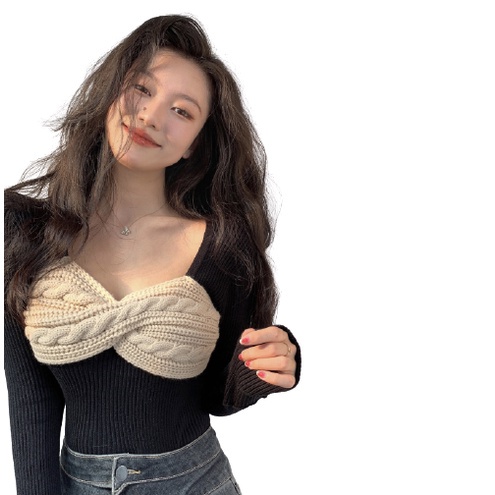 QKOOLE  Áo len tay dài cổ vuông màu đen phong cách Hàn Quốc thời trang cho nữ