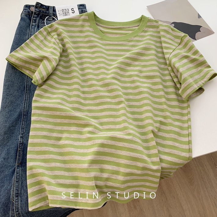 SUXI Áo Thun Cotton Tay Ngắn Dáng Rộng Họa Tiết Kẻ Sọc Đơn Giản Thời Trang Mùa Hè Cho Nữ
