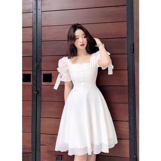 Đầm Voan 2 Lớp Đính Nút Tay Lững Thắt Nơ