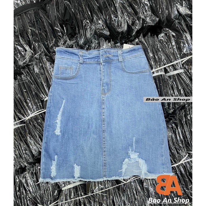 Chân váy Jeans kiểu chữ A xẻ rách 1 bên đùi 3 Size S M L