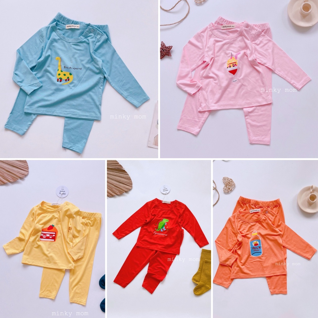 [Bé 7-32kg] Bộ Dài tay nút cài vai Minky Mom Thun Lạnh mềm mịn mát in hình cho bé trai, bé gái từ 7-32kg [ HÀNG CHUẨN ]