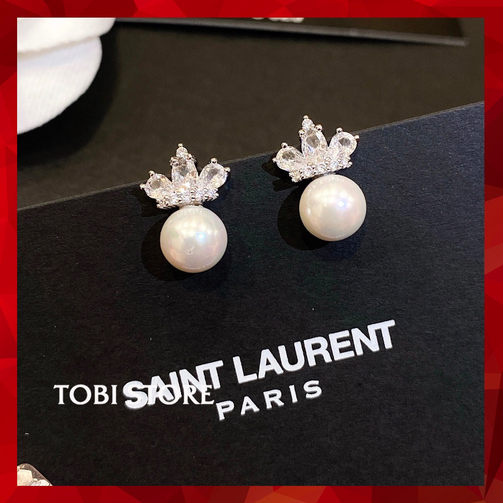 [Không đen gỉ] Khuyên tai bạc thật S925 vương miện và ngọc trai nhân tạo KB36