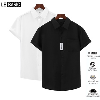 Áo sơ mi nam tay ngắn trắng đen form rộng LE BASIC chất vải lụa thoáng mát