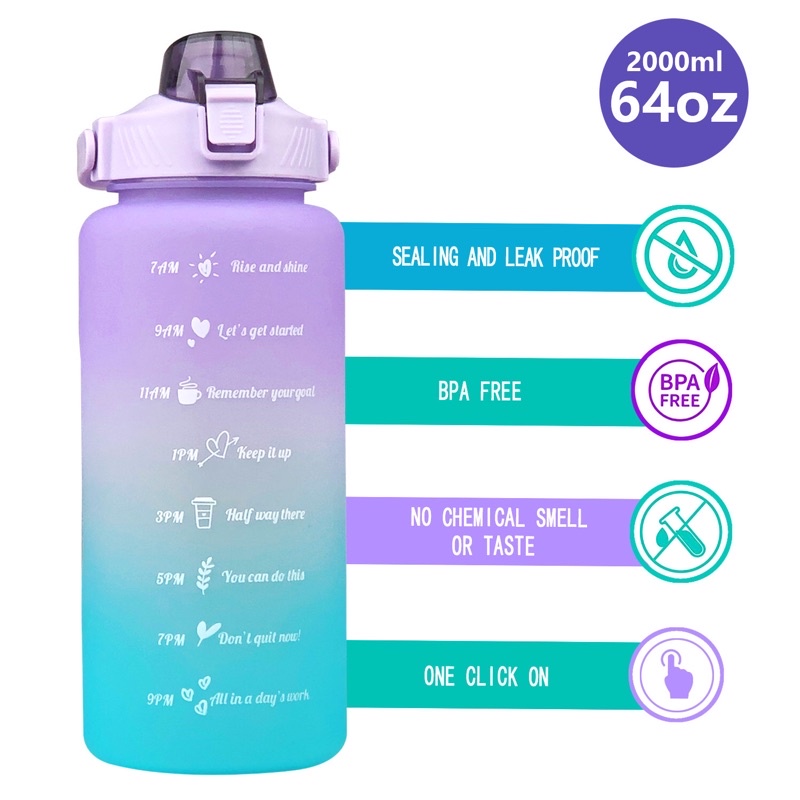 Bình nước 2 lít SUNHOME tặng Sticker cho người lười, bình đựng nước cho bé cute 2000ml có ống hút, vạch chia giờ