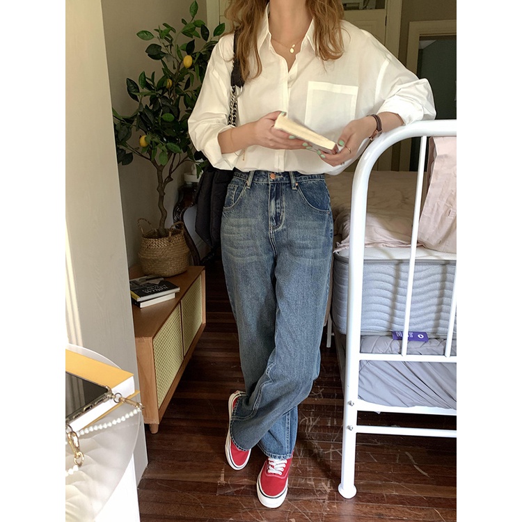 Quần Jean ống rộng nữ Lưng cao Phong cách Retro Dáng suông Ulzzang Hàn Quốc Quần bò nữ Cạp cao Thời trang