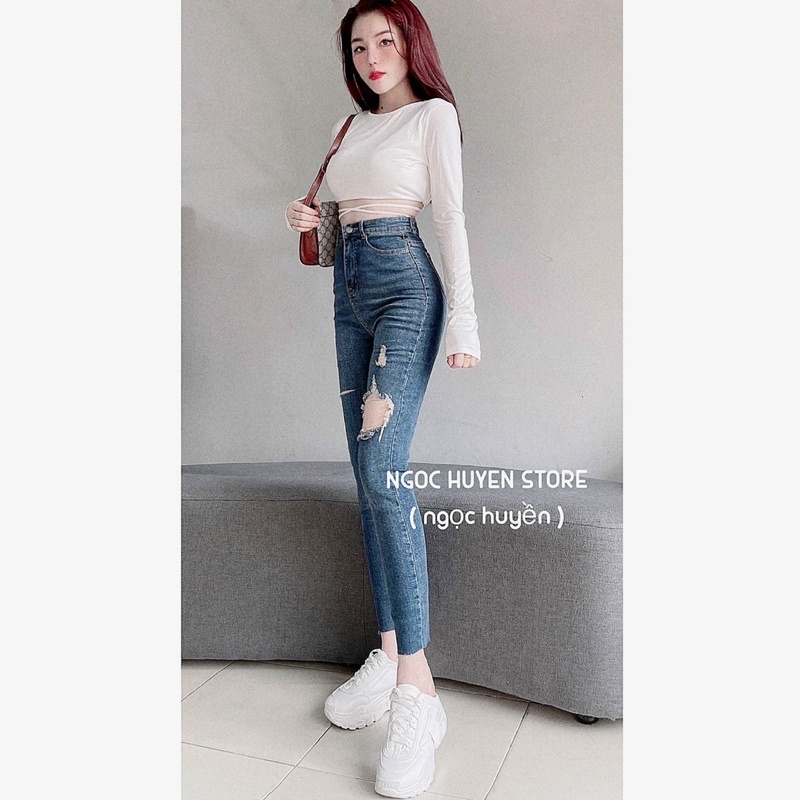 Quần jean siêu cao rách gối nhẹ (m0997))