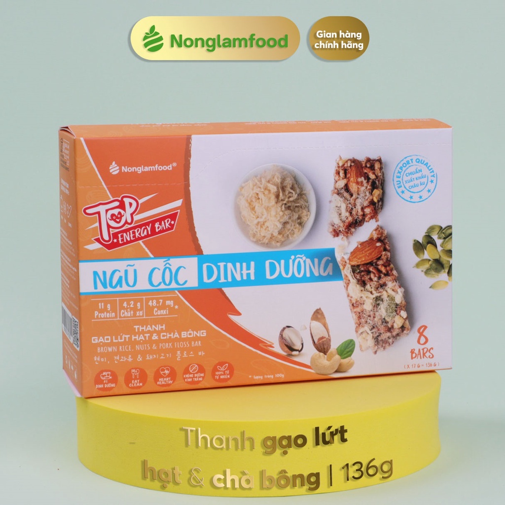 Thanh gạo lứt năng lượng ngũ cốc Hạt và Chà Bông Nonglamfood hộp 8 thanh136g | Hỗ trợ ăn kiêng giảm cân, bữa ăn thay thế