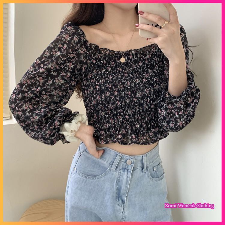 Áo Sơ Mi Nữ Croptop Chất Voan Chiffon Hoạ Tiết Hoa Nhí Ulzzang