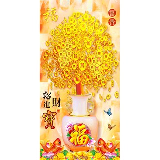 Tranh dán tường Tranh Cây tiền hoa mai - hoa đào tài lộc thịnh vượng, Tranh dán tường 3d hiện đại (tích hợp sẵn keo)