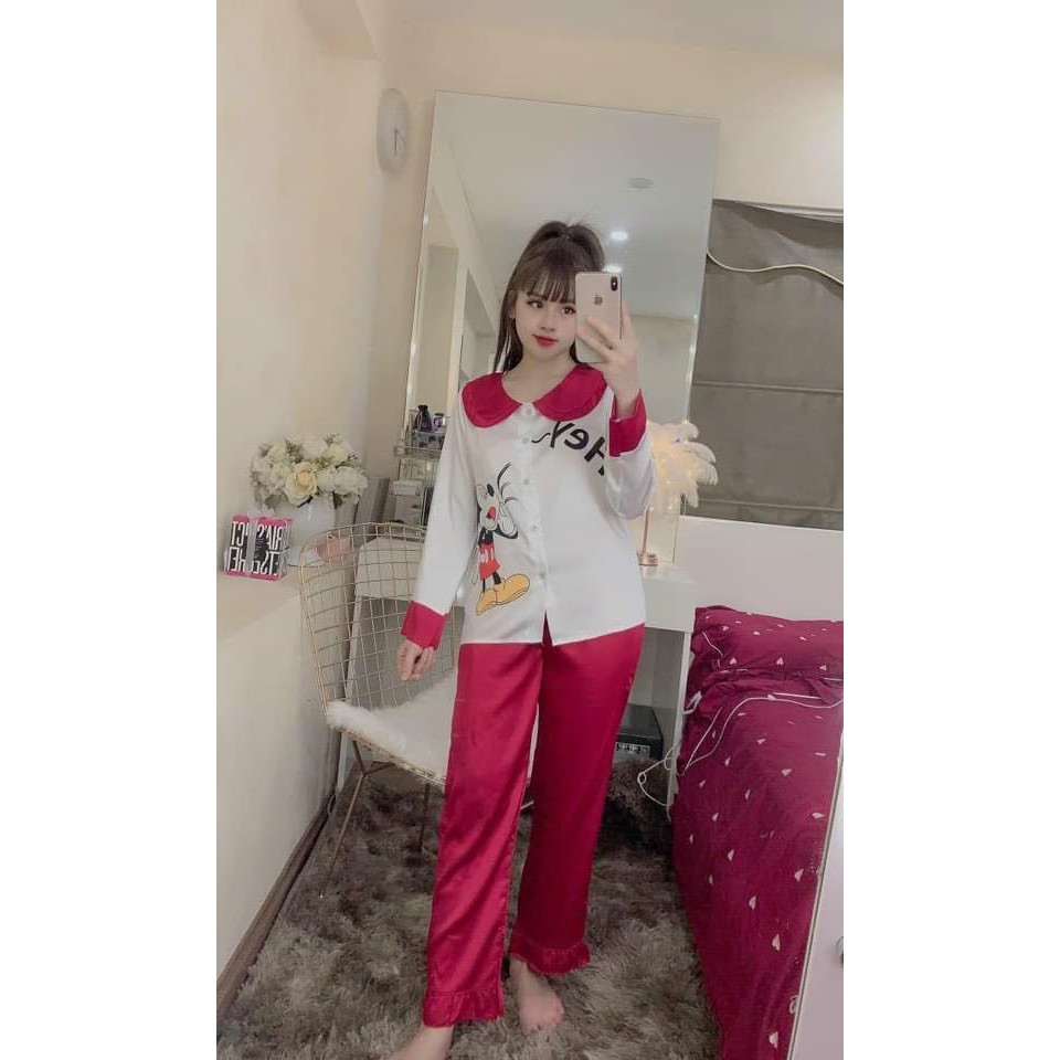 Đồ Bộ Pijama - Bộ Lụa Tay Dài Tiểu Thư Cổ Nơ