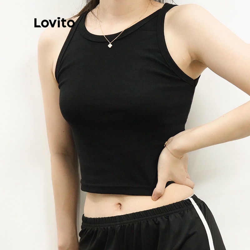 Áo Crop Top Lovito Không Tay Dáng Ôm Màu Trơn (Đen/Xanh Lá/Hồng) | BigBuy360 - bigbuy360.vn