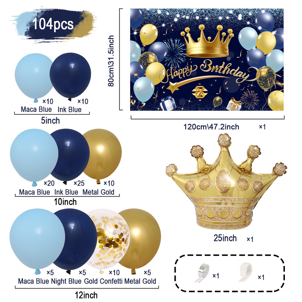 Bộ Bong Bóng Vàng Xanh Navy Với Vương Miện Và Phông Nền Hoa Giấy Bạc Trang Trí Tiệc Sinh Nhật