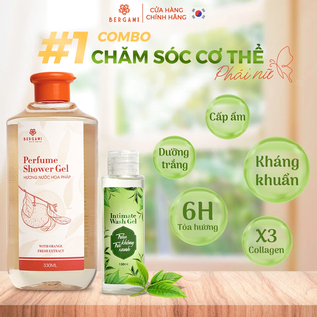 Combo Sữa tắm dưỡng ẩm Bergami 330ml & Dung dịch vệ sinh phụ nữ Bergami giảm khuẩn giảm viêm ngứa 130ml