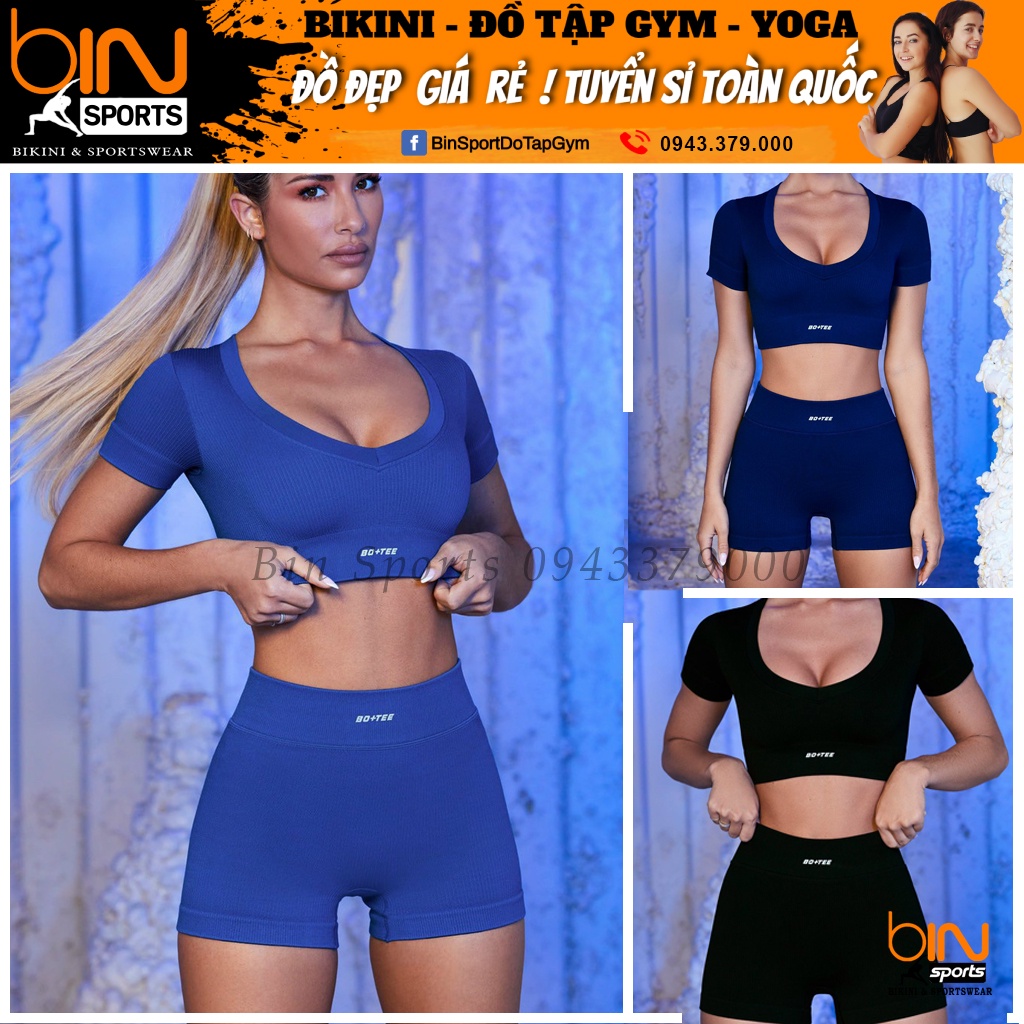 Bộ đồ tập gym yoga thể thao nữ, set quần đùi áo crop dệt kim quảng châu cao cấp Bin Sports BN079