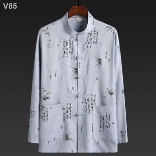 ✓Bộ đồ vải cotton và lanh Tang suit nam dài tay, người cha trung niên già, quần áo cư sĩ kiểu Quốc, ông già Quốc
