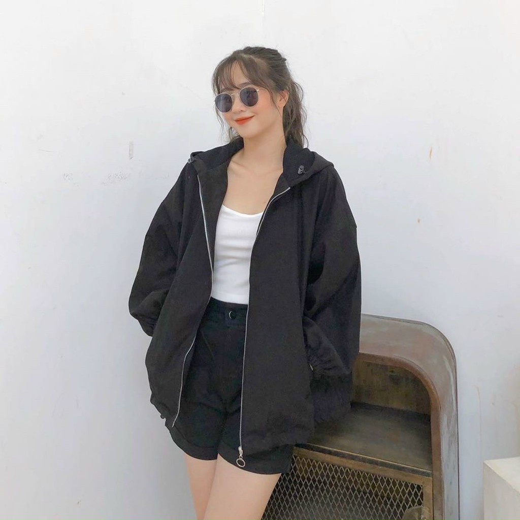 ÁO KHOÁC KAKI NỈ LÌ OVERSIZE KHÓA TRÒN TAY PHỒNG BE ĐEN NÂU - Jacket hoodie trendy Ulzzang