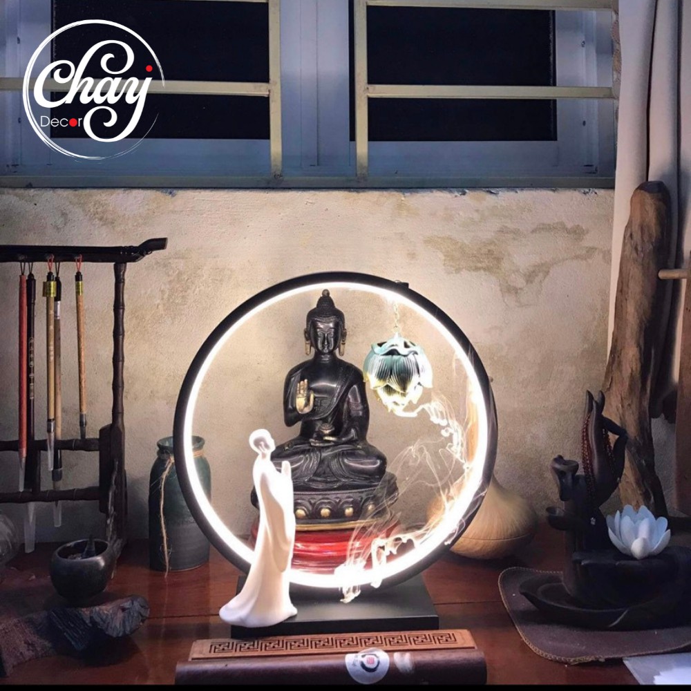Tượng Vô Diện Bái Phật Kèm Đèn Led Hào Quang Trang Trí Tiểu Cảnh Hàng Đẹp - Chay Decor