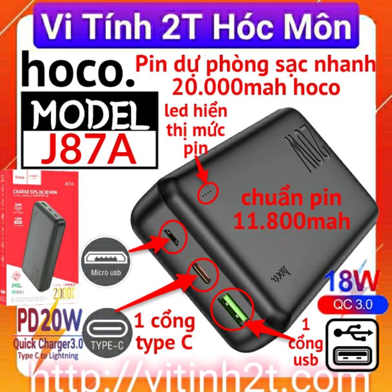 Pin dự phòng 20.000mah sạc nhanh hoco J87A chuẩn pin 11.800mah VT2T5
