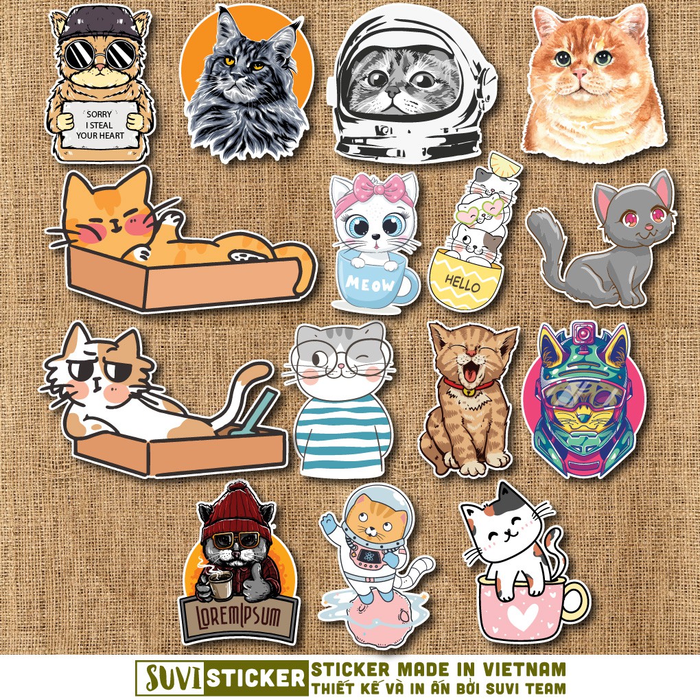 50 Sticker Cute Cat chống nước sticker dán mũ bảo hiểm, laptop, điện thoại, đàn guitar, vali. MSP: NS07