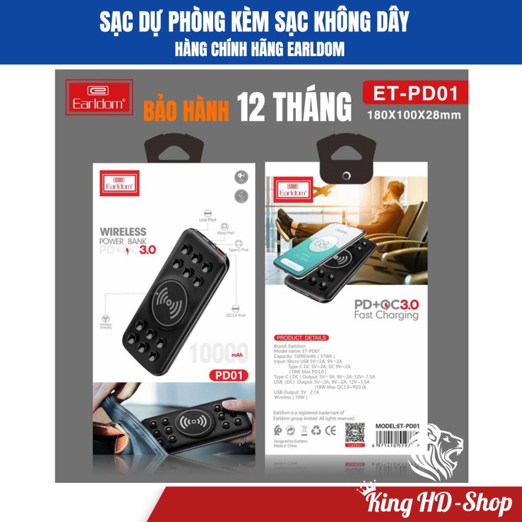 Sạc dự phòng kèm sạc không dây Earldom PD-01