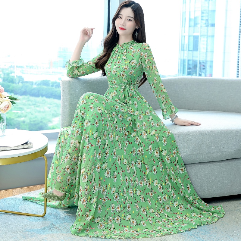 Đầm Maxi Vải Voan Tay Dài Dáng Ôm In Hoa Màu Đen Phong Cách Boho Thời Trang Đi Biển Cho Nữ 2022