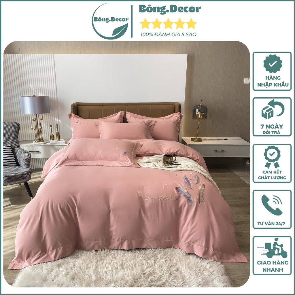 Bộ chăn ga gối Cotton 100% họa tiết thêu lông vũ sang trọng, chất liệu nhập khẩu cao cấp mềm mịn thoáng mát - Bông.Decor