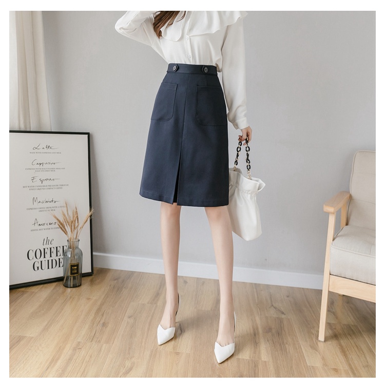 Chân váy dài chữ a công sở xếp li trước có túi, không xẻ,chữ a 1 li 2 túi ốp 2 cúc cạp d58cm