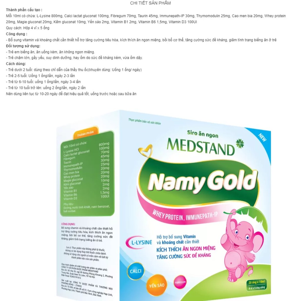 Ống uống kích thích ăn ngon cho bé Siro Namy Gold- Hộp 20 ống