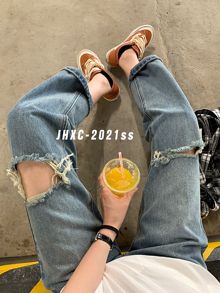 Quần Jeans Nữ Ống Rộng Rách Gối Thời Trang
