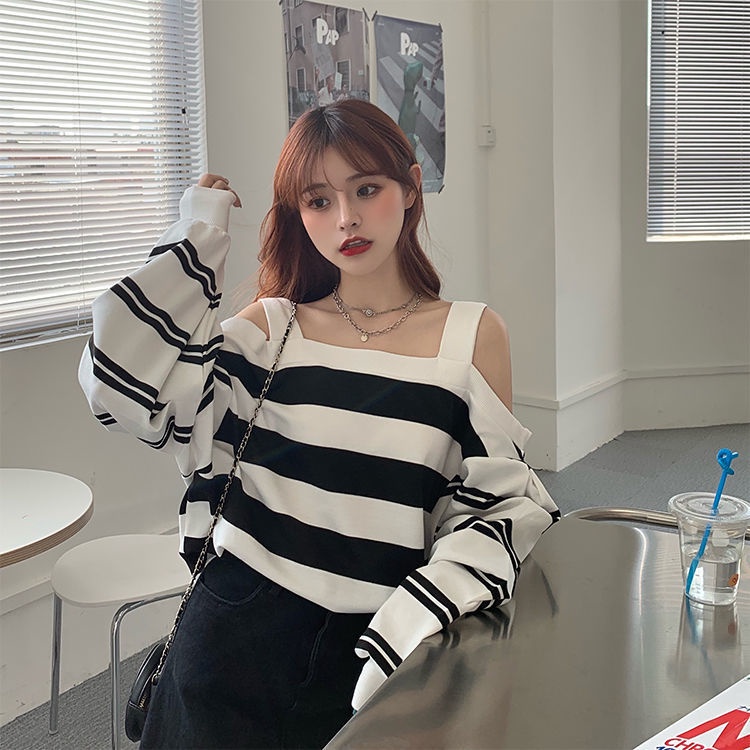 Áo Len Dài Tay Trễ Vai Dáng Rộng Họa Tiết Kẻ Sọc Thời Trang Mùa Thu Hàn Quốc 2020 Xs-4Xl | BigBuy360 - bigbuy360.vn