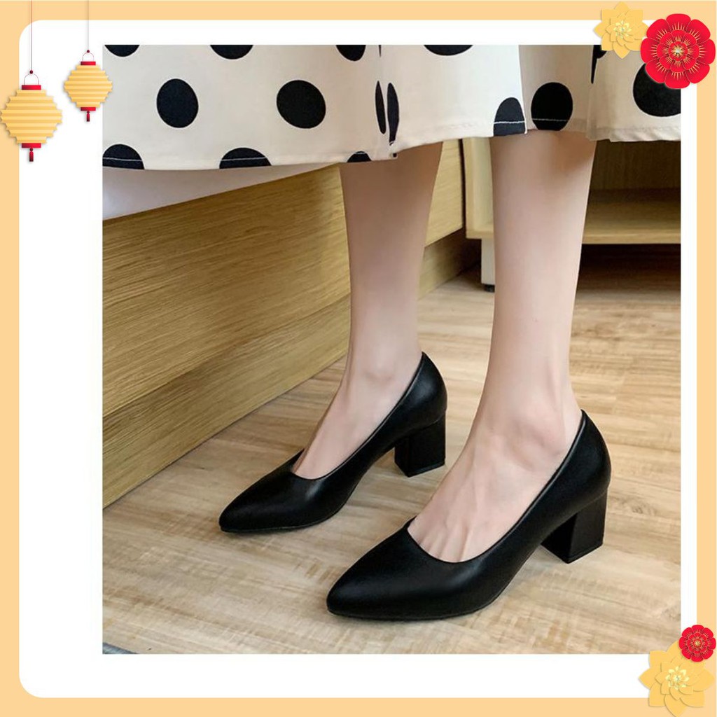 Giày Cao Gót Nữ 5cm Mũi Nhọn Gót Vuông MÃ C2 phong cách vintage