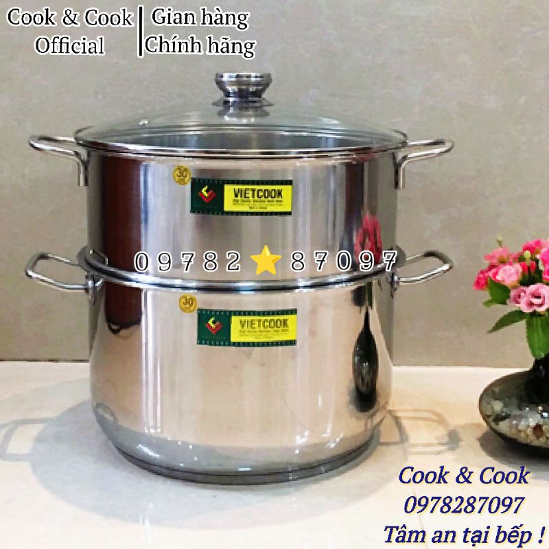 [FREESHIP 0Đ TOÀN QUỐC] Bộ xửng hấp inox 2 tầng đáy từ size 24, 26, 28, 30, 32 cm VIETCOOK, chõ hấp gà đồ xôi inox