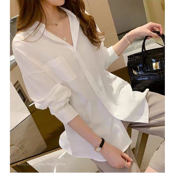 (Ảnh thật độc quyền) Áo sơ mi trơn túi bên form rộng phong cách Ulzzang