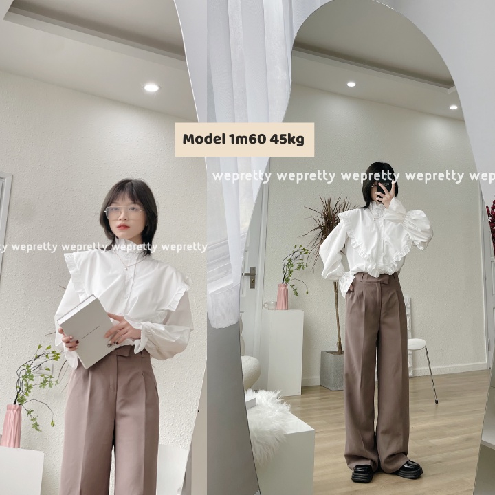 Áo sơmi nữ trắng chất sợi mềm ống tay bồng cổ tay loe phong cách vintage Wepretty Clothes | BigBuy360 - bigbuy360.vn