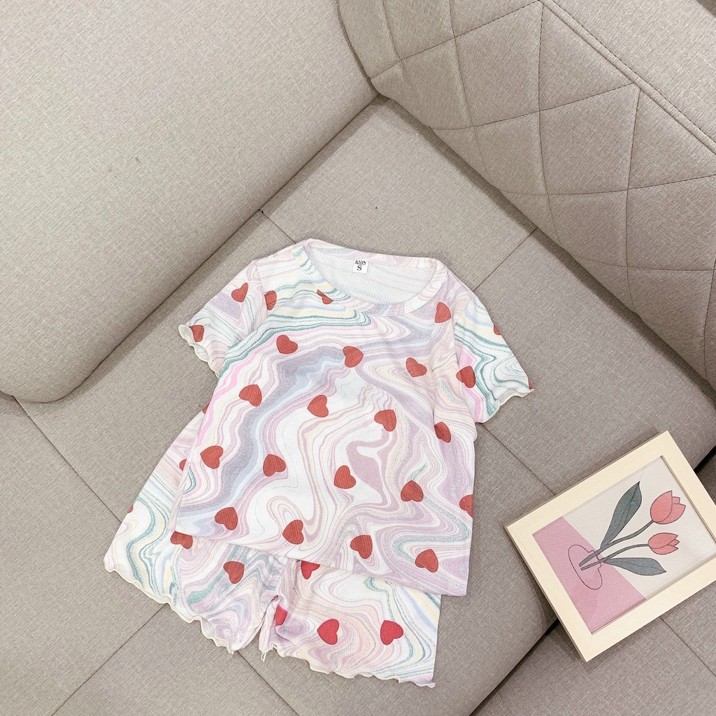 Bộ cotton tăm trái tim mặc ở nhà cho bé gái 20-30kg