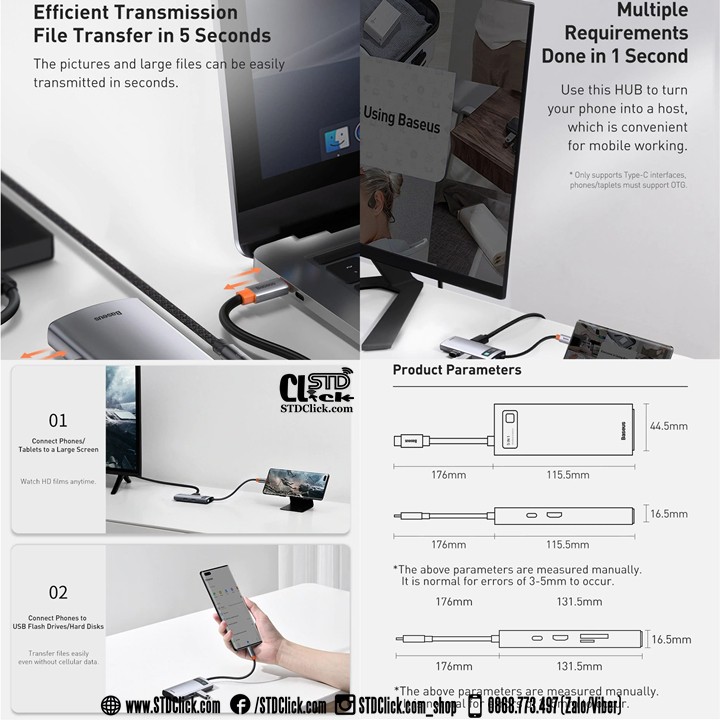 HUB CHUYỂN TYPE C BASEUS METAL GLEAM SERIES DOCKING STATION 8 IN 1 TYPE-C TO USB3.0 - PD - HDMI 4K - RJ45 CHÍNH HÃNG