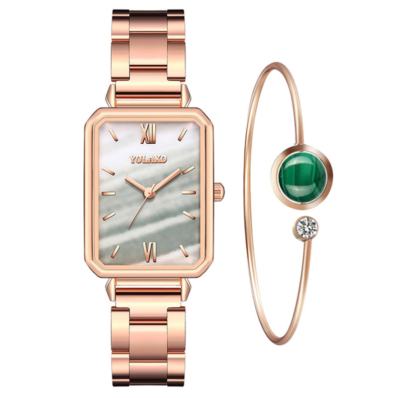 Đồng hồ nữ bằng thép không gỉ mặt hình chữ nhật+vòng tay màu xanh lá thời trang thường ngày