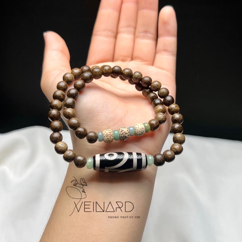 Vòng tay trầm gió vườn 6.8mm mix dzi 2 mắt