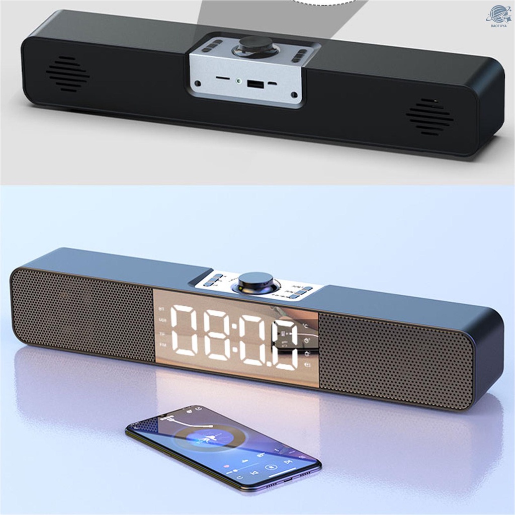 BF Clock Desktop Speaker Wireless Bluetooth 5.0 Soundbar Alarm Clock Time Display Double-horn Subwoofer AUX-IN USB TF Card Music Playback FM Radio with Microphone for TV Laptop PC Smartphone