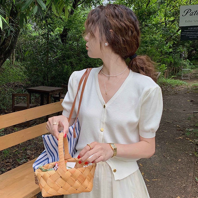 Áo cardigan Ngắn Tay Phồng Cổ Chữ v Phong Cách retro Thời Trang Hàn Quốc