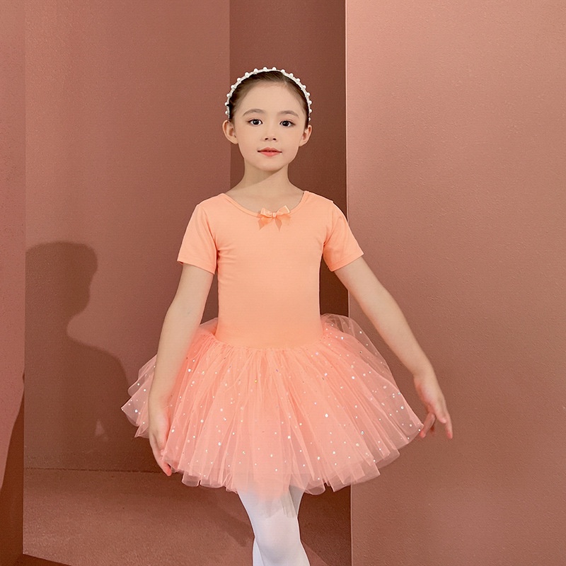 Bộ Trang Phục Múa Tay Ngắn Vải Cotton Đính Kim Sa Lấp Lánh Dễ Thương Cho Bé Gái One