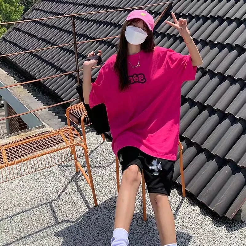 Jiashucheng Áo Thun Nữ Ngắn Tay Cổ Tròn In Hình Trái Tim Phong Cách Preppy Retro