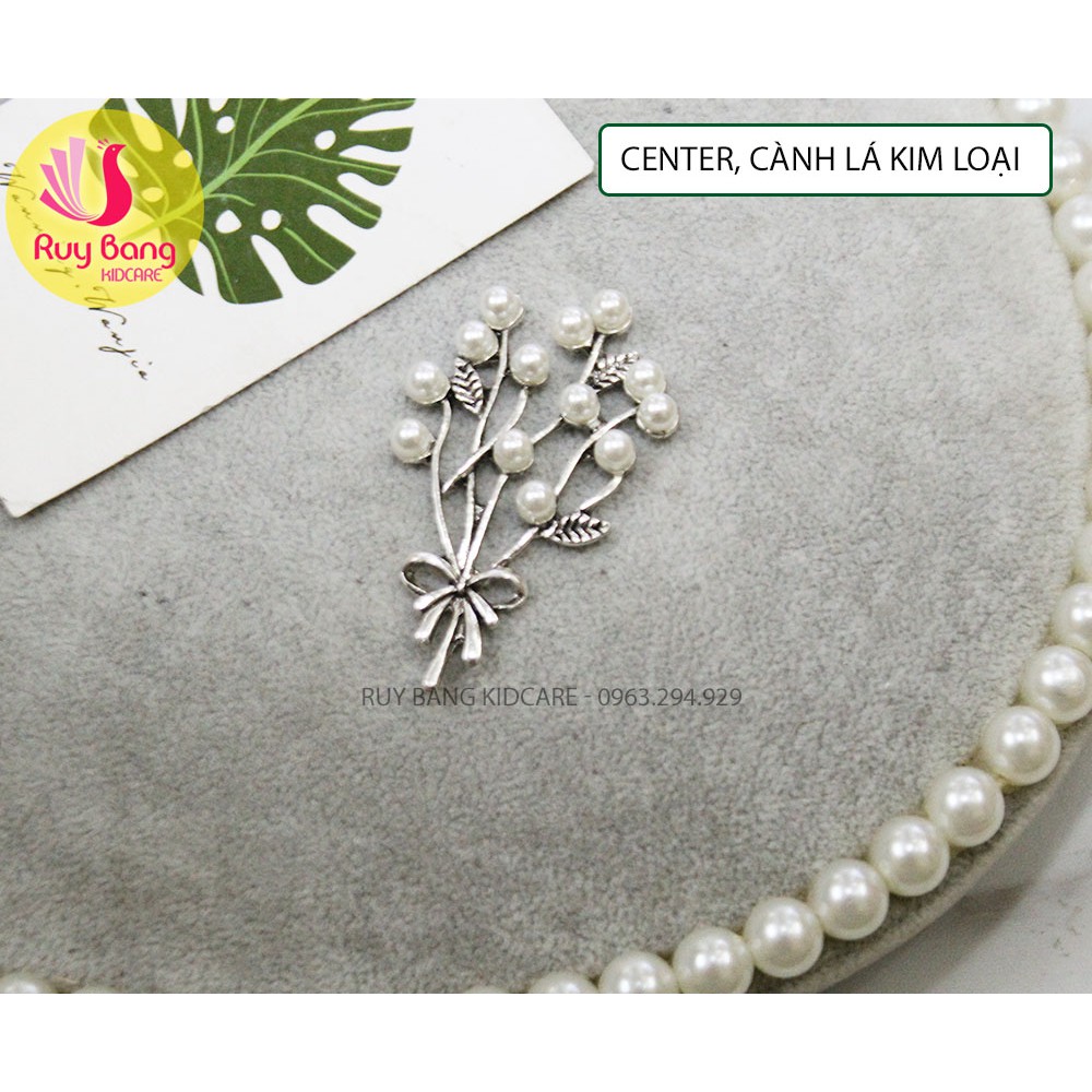 Cành hoa mạ kim ❤️FREESHIP❤️ Cành lá kim loại, center đá đính hoa vải handmade